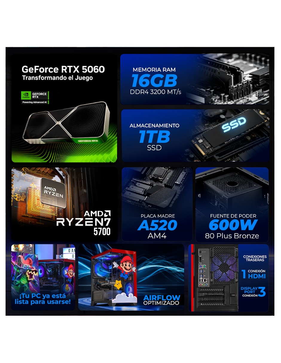 Computadora gamer Xtreme Pc Gaming XTPCR716GB5060MMG 27 pulgadas Full HD AMD Ryzen 7 NVIDIA GeForce RTX 5060 16 GB RAM 1 TB SSD