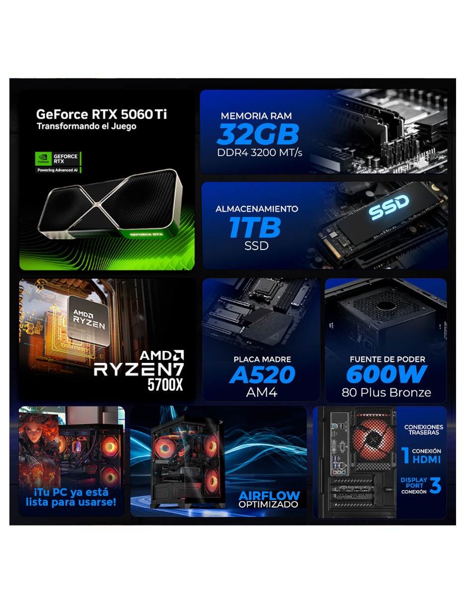 Computadora gamer Xtreme Pc Gaming xtpcr732gb5060timchb 27 pulgadas Full HD AMD Ryzen 7 Nvidia GeForce RTX 5060 Ti 32 GB RAM 1 TB SSD