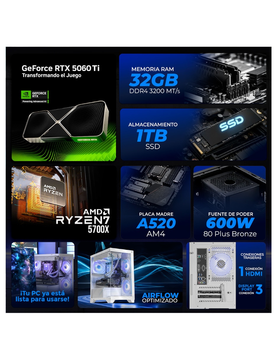 Computadora gamer Xtreme Pc Gaming XTPCR732GB5060TICHW AMD Ryzen 7 NVIDIA GeForce RTX 5060 Ti 32 GB RAM 1 TB SSD