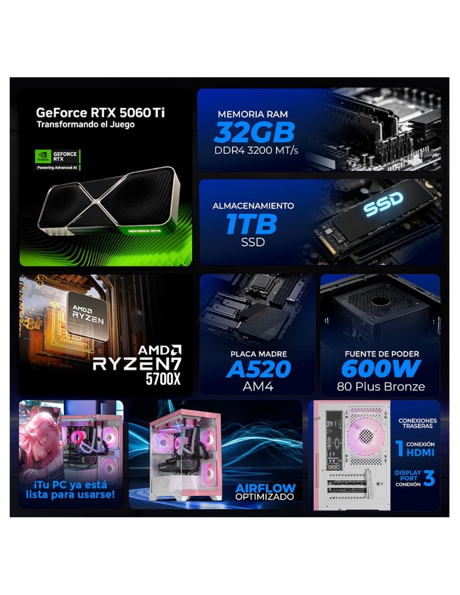 Computadora gamer Xtreme Pc Gaming XTPCR732GB5060TIMCHP 27 pulgadas Full HD AMD Ryzen 7 NVIDIA GeForce RTX 5060 Ti 32 GB RAM 1 TB SSD