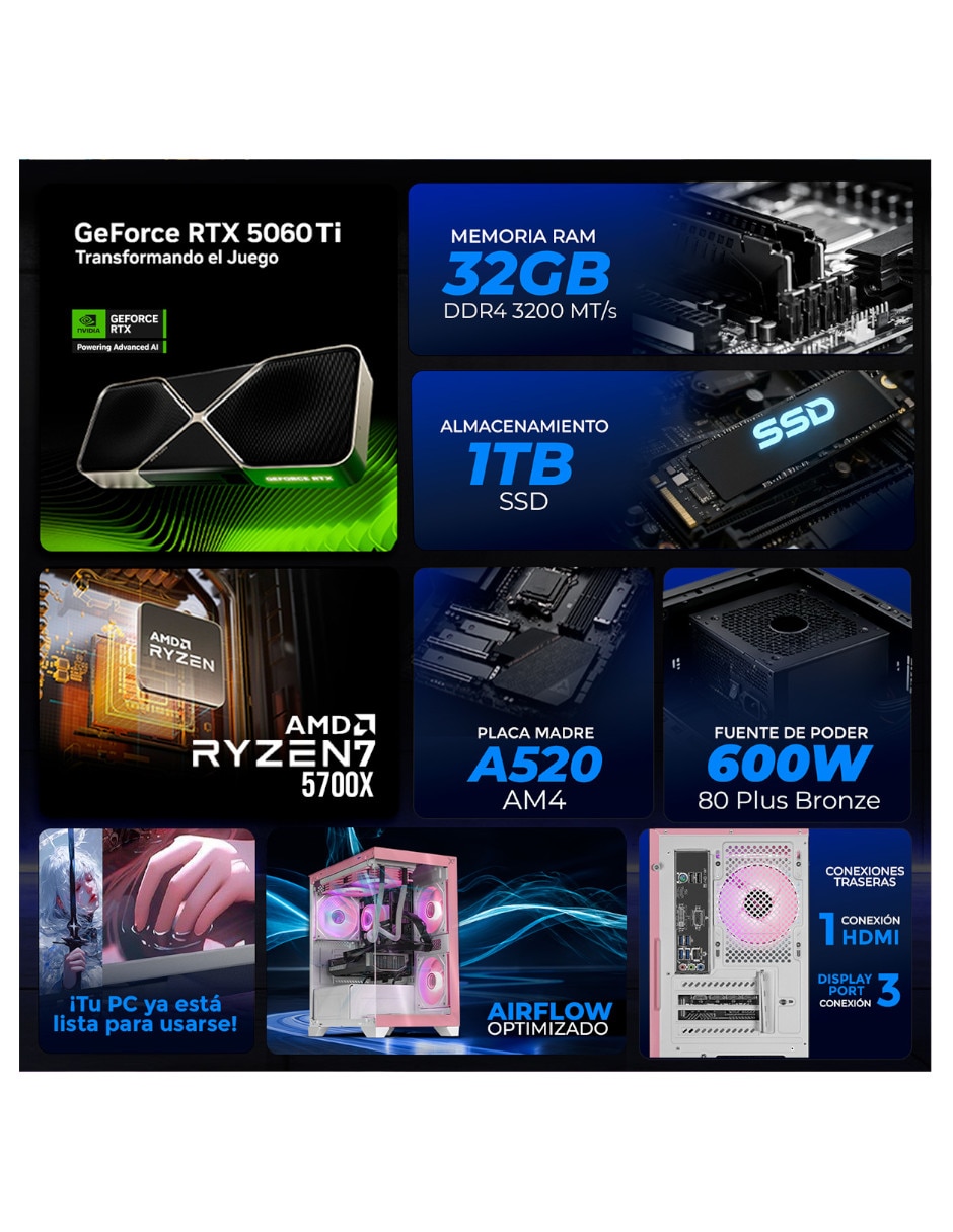 Computadora gamer Xtreme Pc Gaming XTPCR732GB5060TIMCHP 27 pulgadas Full HD AMD Ryzen 7 NVIDIA GeForce RTX 5060 Ti 32 GB RAM 1 TB SSD
