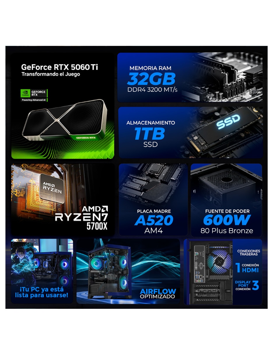 Computadora gamer Xtreme PC Gaming XTPCR732GB5060TIMCHBL 27 pulgadas Full HD AMD Ryzen 7 NVIDIA GeForce RTX 5060 Ti 32 GB RAM 1 TB SSD