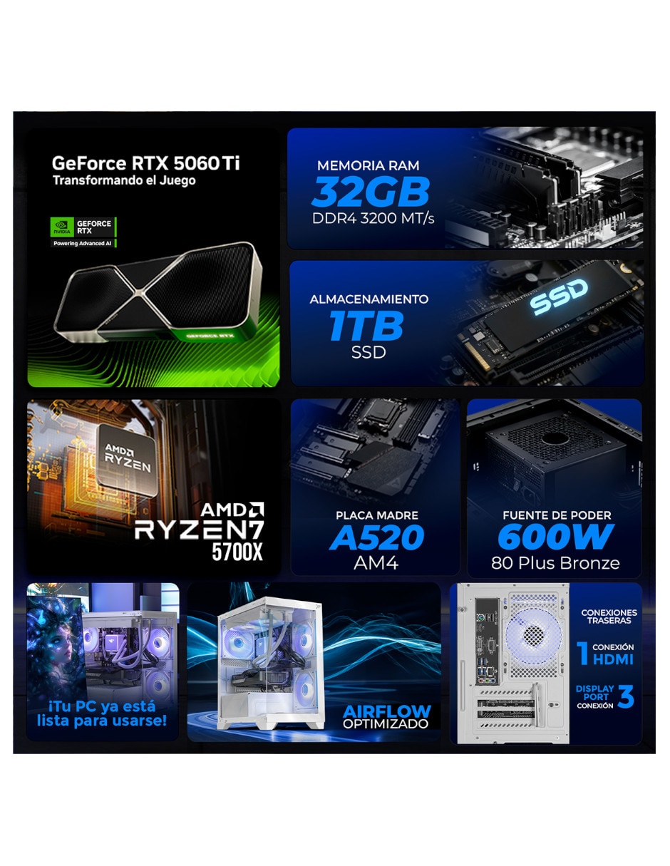 Computadora gamer Xtreme Pc Gaming xtpcr732gb5060timchw 27 pulgadas Full HD AMD Ryzen 7 Nvidia GeForce RTX 5060 Ti 32 GB RAM 1 TB SSD