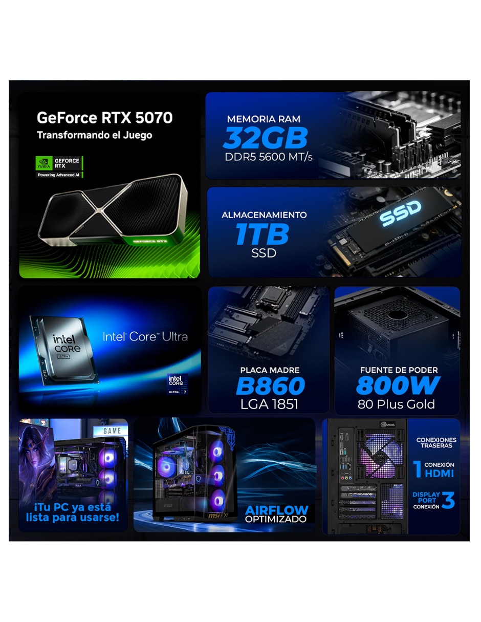 Computadora gamer Xtreme PC Gaming XTMSIU732GB55070WW Intel core ultra 7 NVIDIA GeForce RTX 5070 32 GB RAM 1 TB SSD
