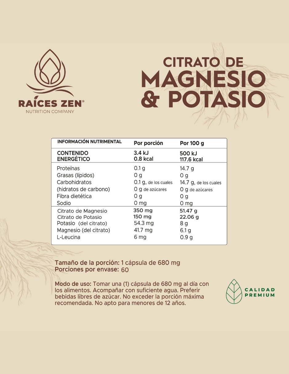 Citrato de Magnesio y Potasio Raíces Zen de 60 cápsulas