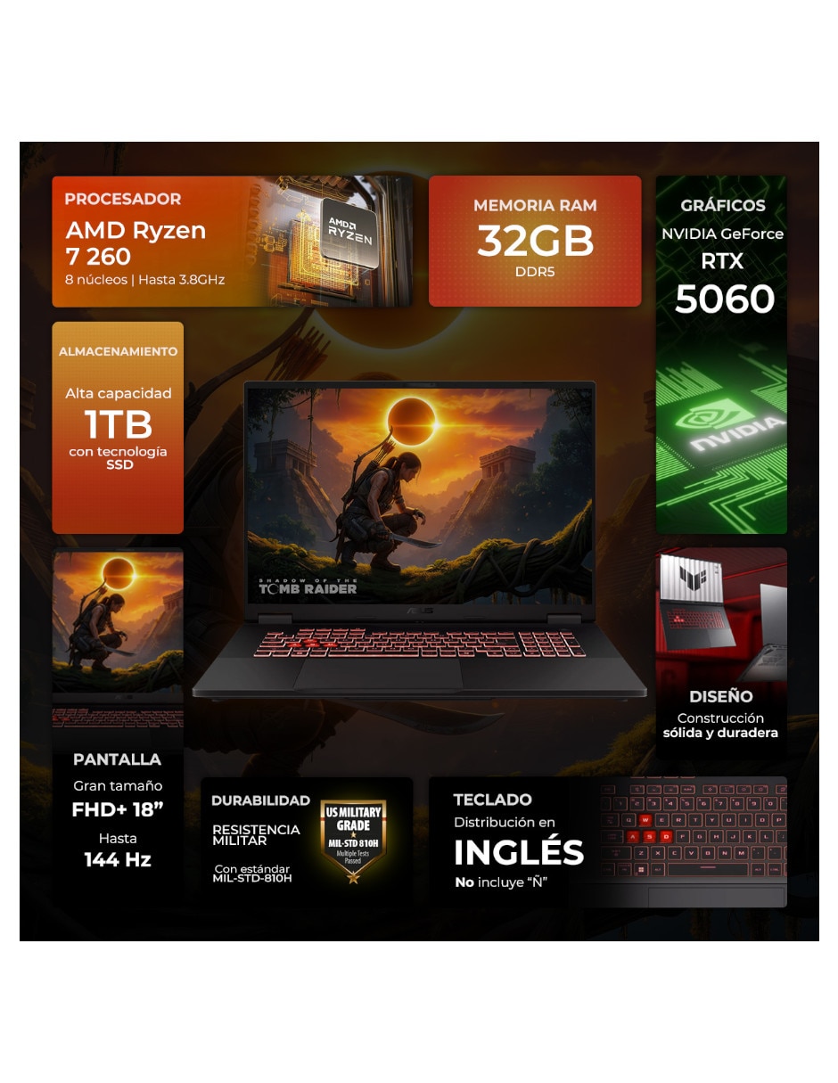 Laptop gamer TUF Gaming A18 18 pulgadas Full HD+ AMD Ryzen 7 NVIDIA GeForce RTX 5060 32 GB RAM 1 TB SSD 2