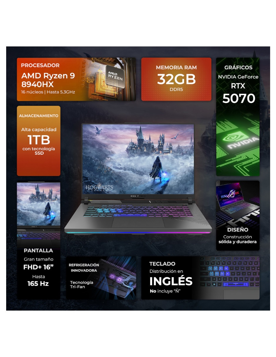 Laptop gamer ROG Strix G16 16 pulgadas Full HD+ AMD Ryzen 9 NVIDIA GeForce RTX 5070 32 GB RAM 1 TB SSD 5