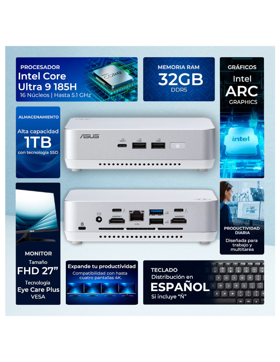 Mini PC NUC 14 Pro Intel Core Ultra 9 Integrada 32 GB RAM 1 TB SSD 5