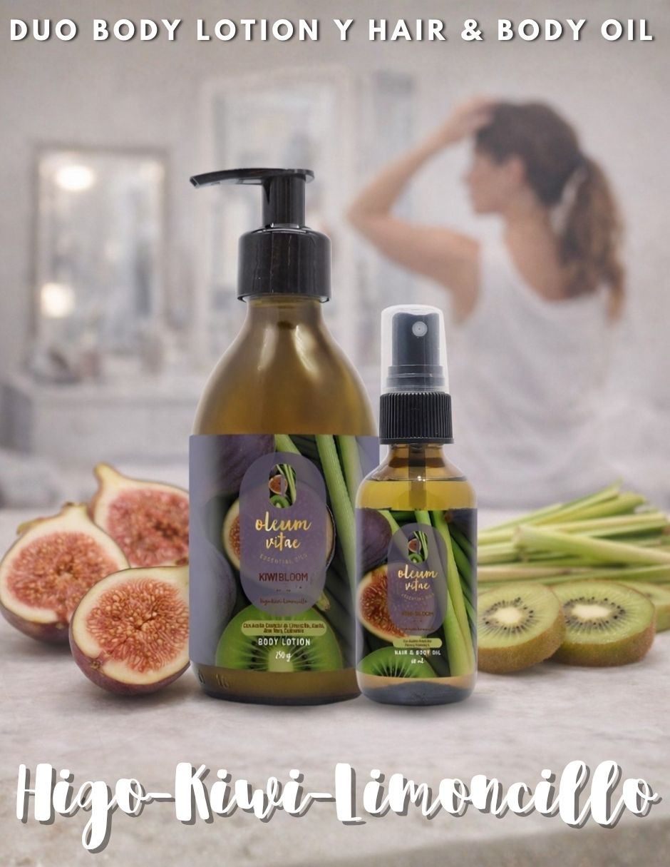Kit tratamiento para cuerpo y cabello Kiwi Bloom Crema Corporal y Hair & Body Oil Higo Kiwi Limoncillo Oleum Vitae