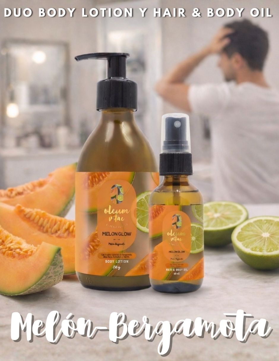 Kit tratamiento para cuerpo y cabello Melón Glow Crema Corporal y Hair & Body Oil Melón Bergamota Oleum Vitae