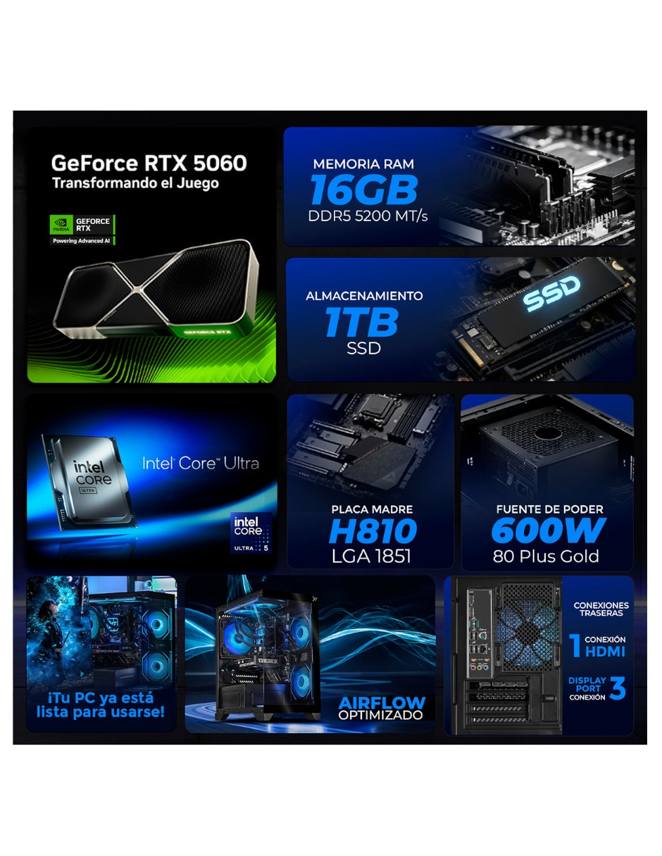 Computadora gamer Xtreme PC Gaming XTPCU516GB55060MCHB 27 pulgadas Full HD Intel Core Ultra 5 NVIDIA GeForce RTX 5060 16 GB RAM 1 TB SSD