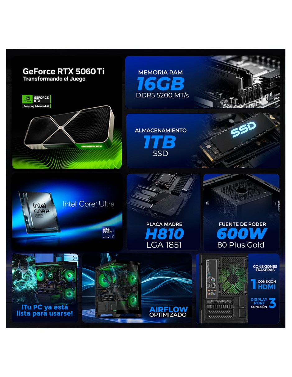 Computadora gamer Xtreme PC Gaming XTPCU716GB55060TIMCHB 27 pulgadas Full HD Intel Core Ultra 7 NVIDIA GeForce RTX 5060 Ti 16 GB RAM 1 TB SSD