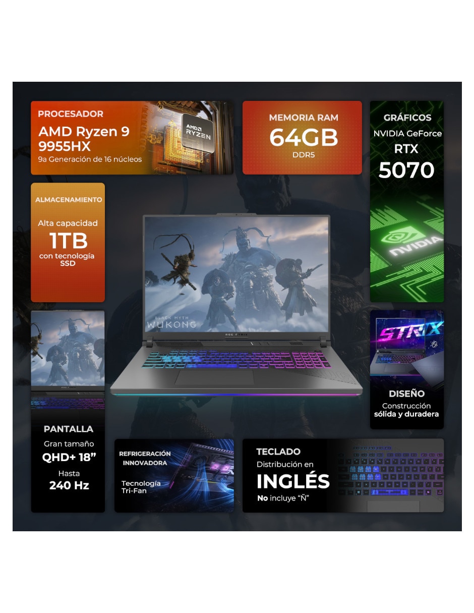 Laptop gamer ASUS ROG Strix G18 18 pulgadas QHD+ AMD Ryzen 9 NVIDIA GeForce RTX 5070 64 GB RAM 1 TB SSD