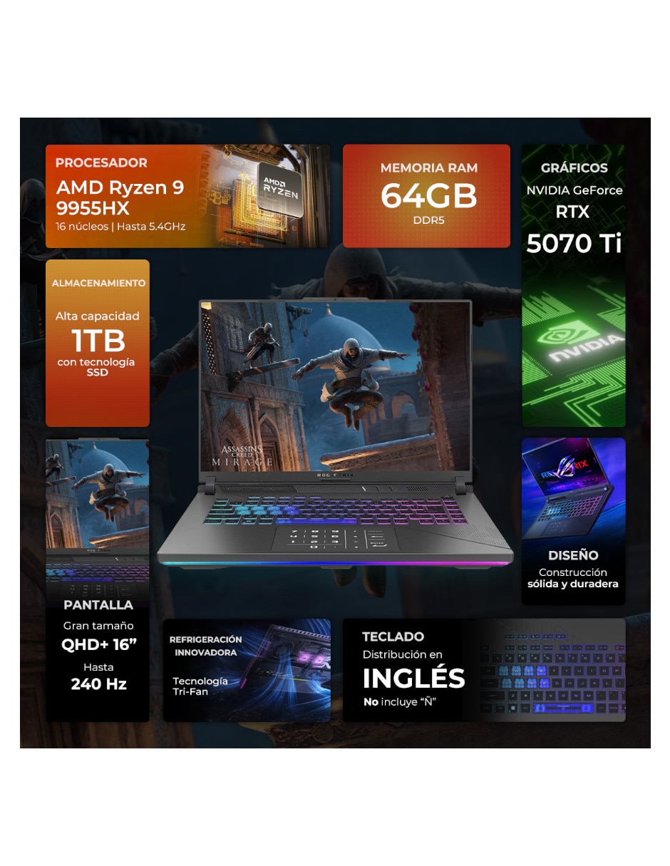 Laptop gamer ASUS ROG Strix G16 16 pulgadas QHD+ AMD Ryzen 9 NVIDIA GeForce RTX 5070 Ti 64 GB RAM 1 TB SSD