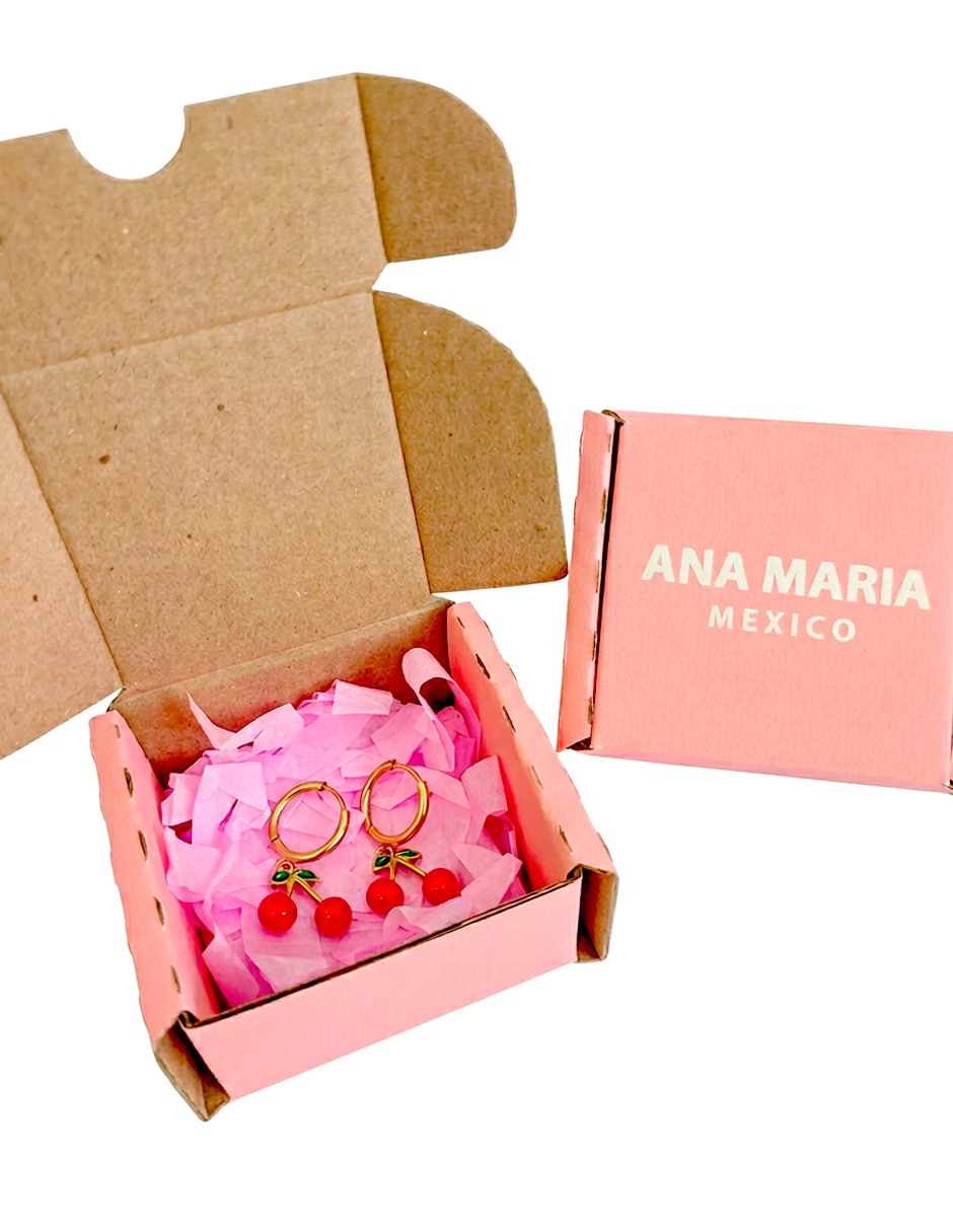 Aretes de aro con cereza Ana Maria Mexico Moda en Tendencia con acabado brillante