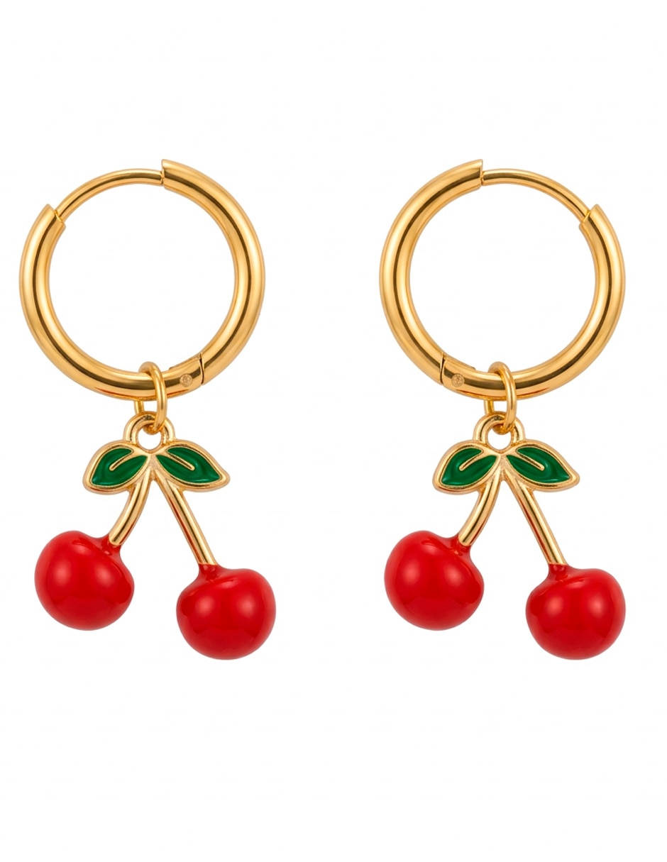 Aretes de aro con cereza Ana Maria Mexico Moda en Tendencia con acabado brillante