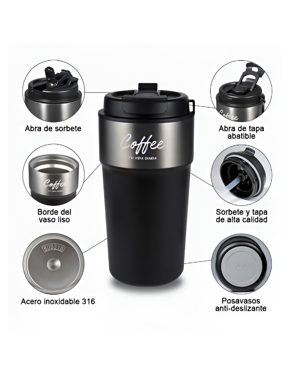 Taza termica con popote Xtellar de Acero inoxidable con tapa a presión 500ml