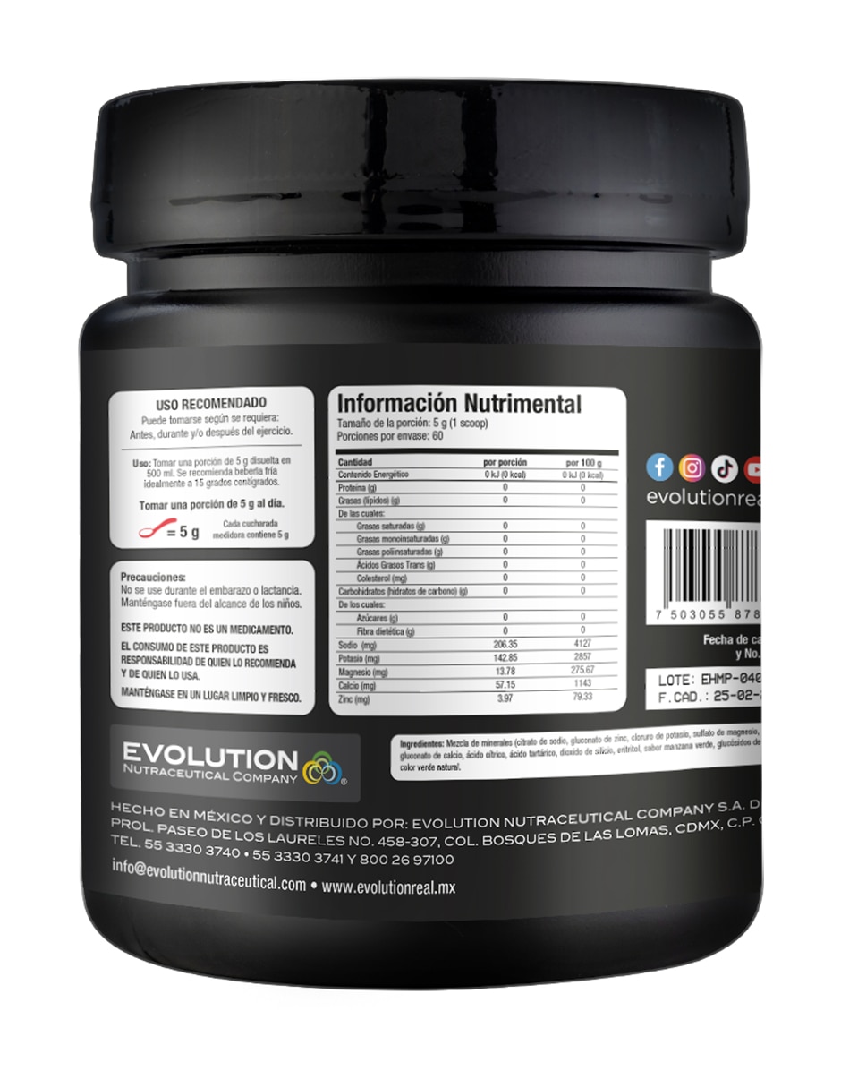 Hydromineral Pro Evolution Manzana Verde bote 300 gr EVOLUTION NUTRACEUTICAL COMPANY con Gluconato de Zinc sabor Manzana verde de