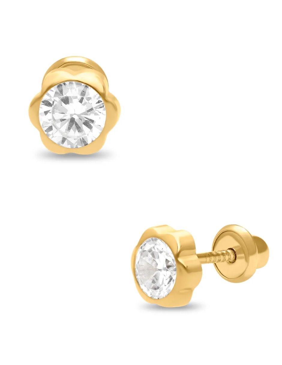 Broqueles de flor Joyerias Bizzarro de oro amarillo 14 K con acabado brillante zirconia
