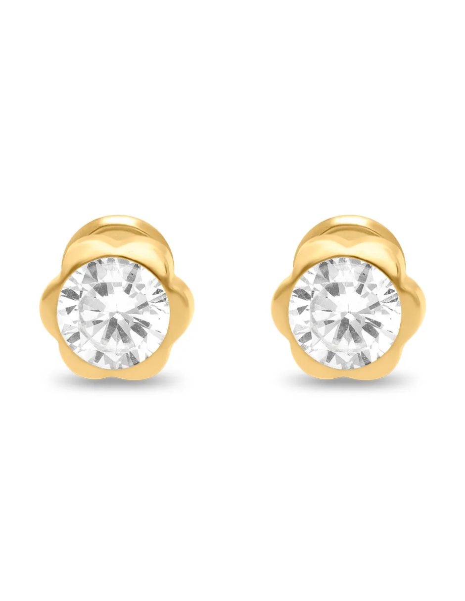 Broqueles de flor de oro amarillo 14 K con acabado brillante zirconia