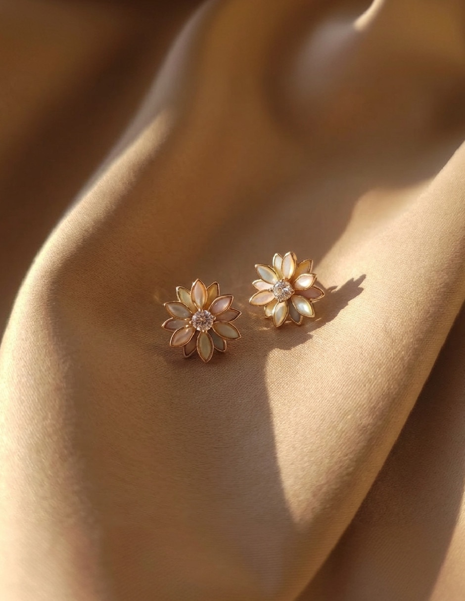 Aretes cortos de flor de oro laminado 18 k con acabado mate zirconia 3