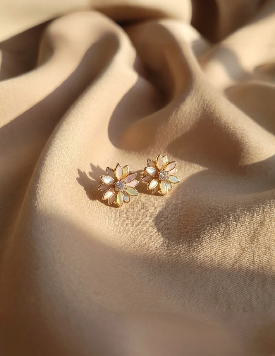 Aretes cortos de flor de oro laminado 18 k con acabado mate zirconia 4