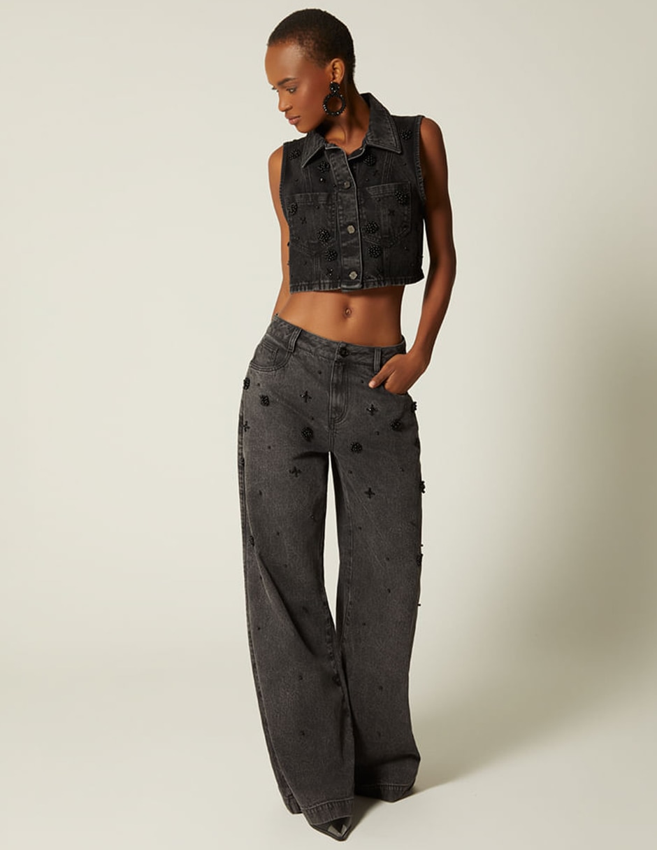 Jeans jogger wide leg Studio F corte cintura baja para mujer