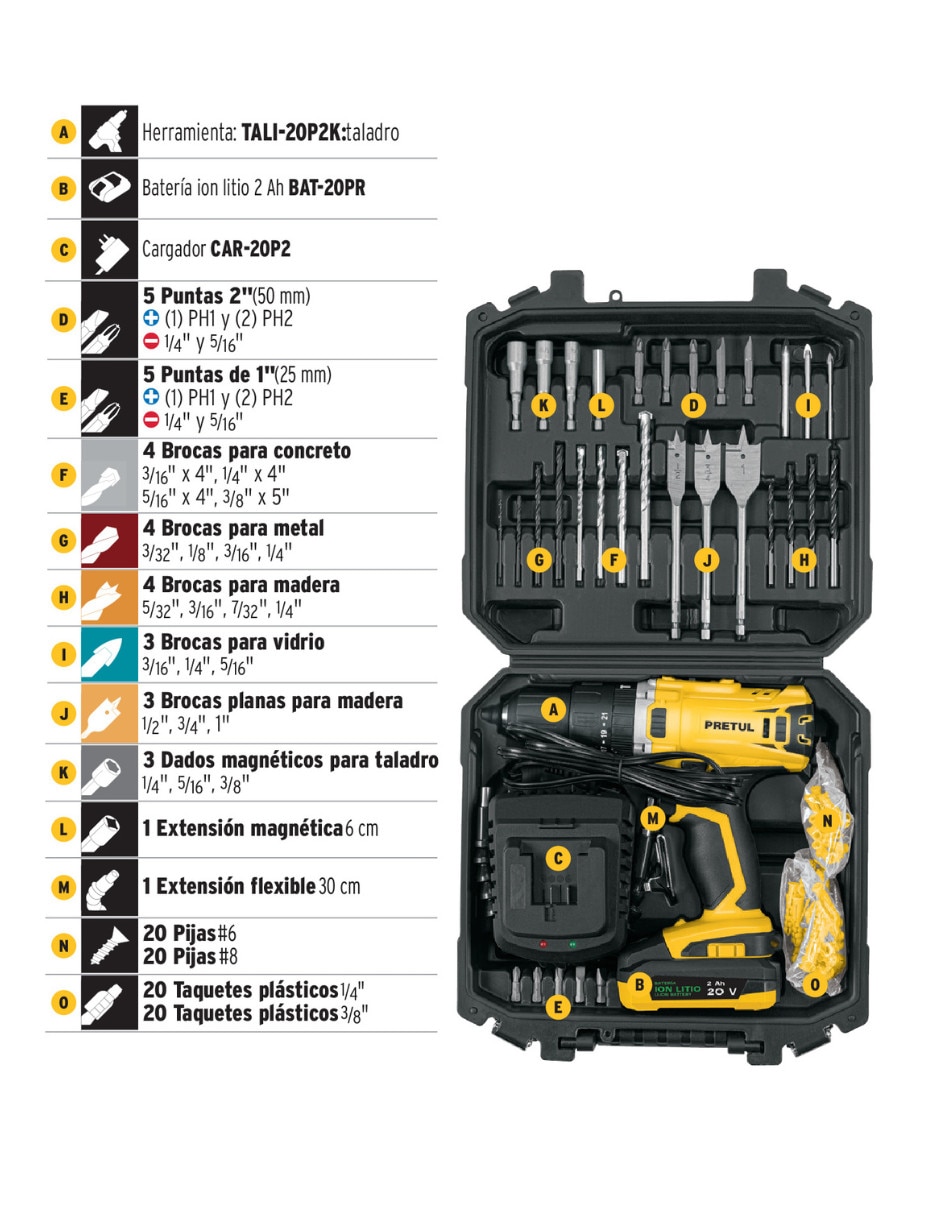 Taladro y brocas inalámbrico Pretul TALI -20P2K de 20 V