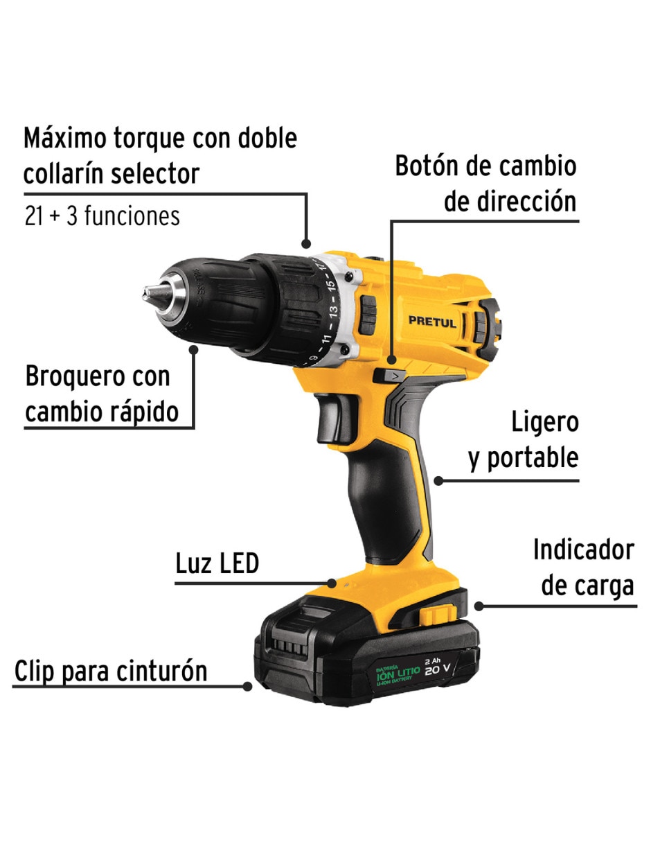 Taladro y brocas inalámbrico Pretul TALI -20P2K de 20 V