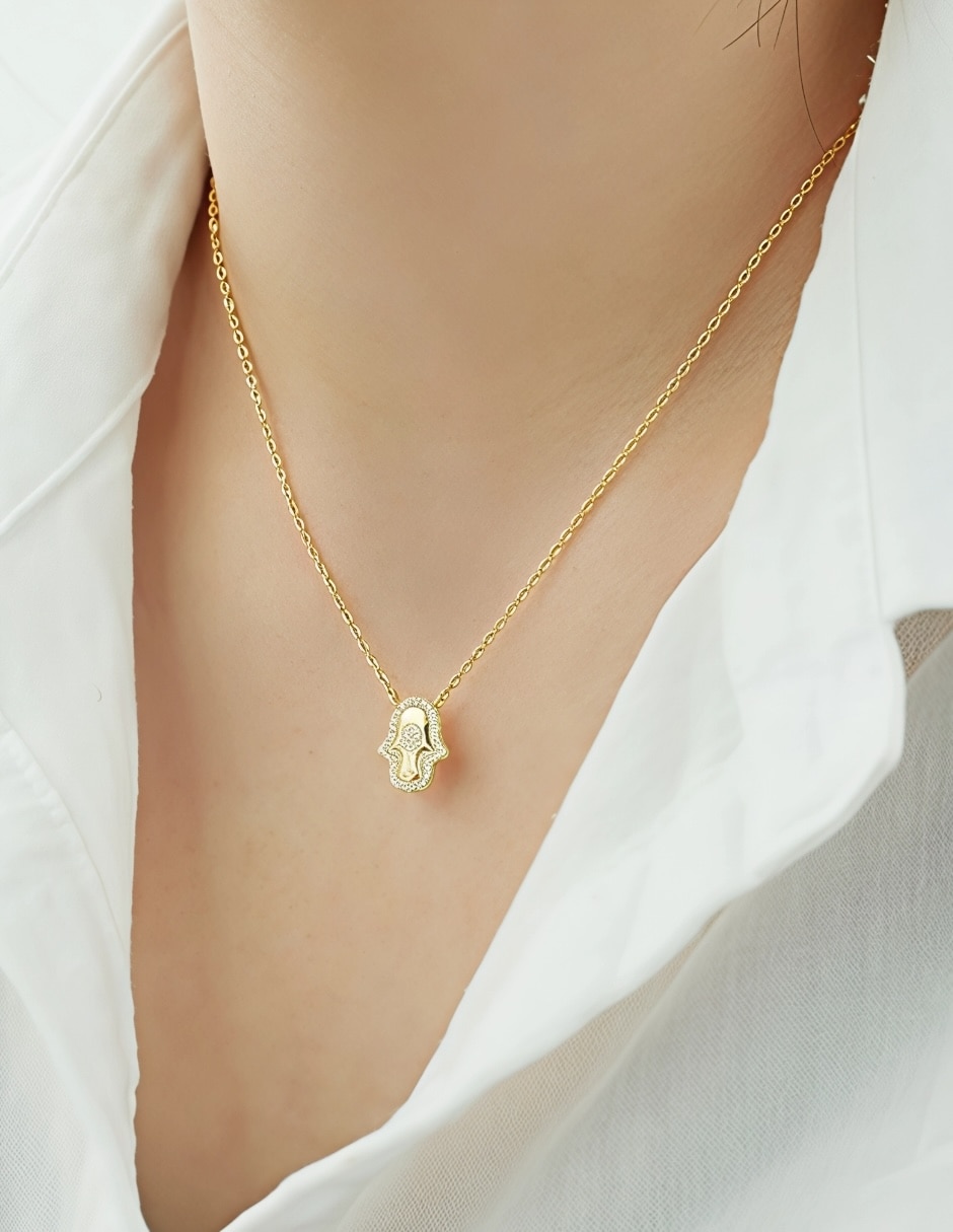 Collar de mano de Fátima Hamsa de plata P 925 con acabado baño de oro 4