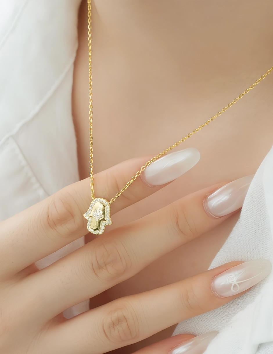 Collar de mano de Fátima Hamsa de plata P 925 con acabado baño de oro 2