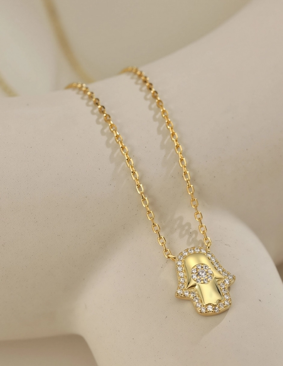 Collar de mano de Fátima Hamsa de plata P 925 con acabado baño de oro 7