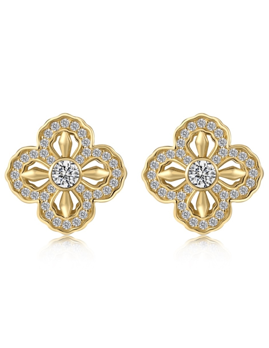 Aretes cortos de flor Yoiko Bloom Golden de plata P 925 con acabado baño de oro zirconia