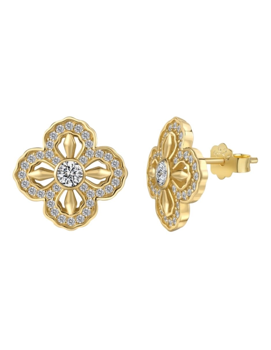 Aretes cortos de flor Yoiko Bloom Golden de plata P 925 con acabado baño de oro zirconia