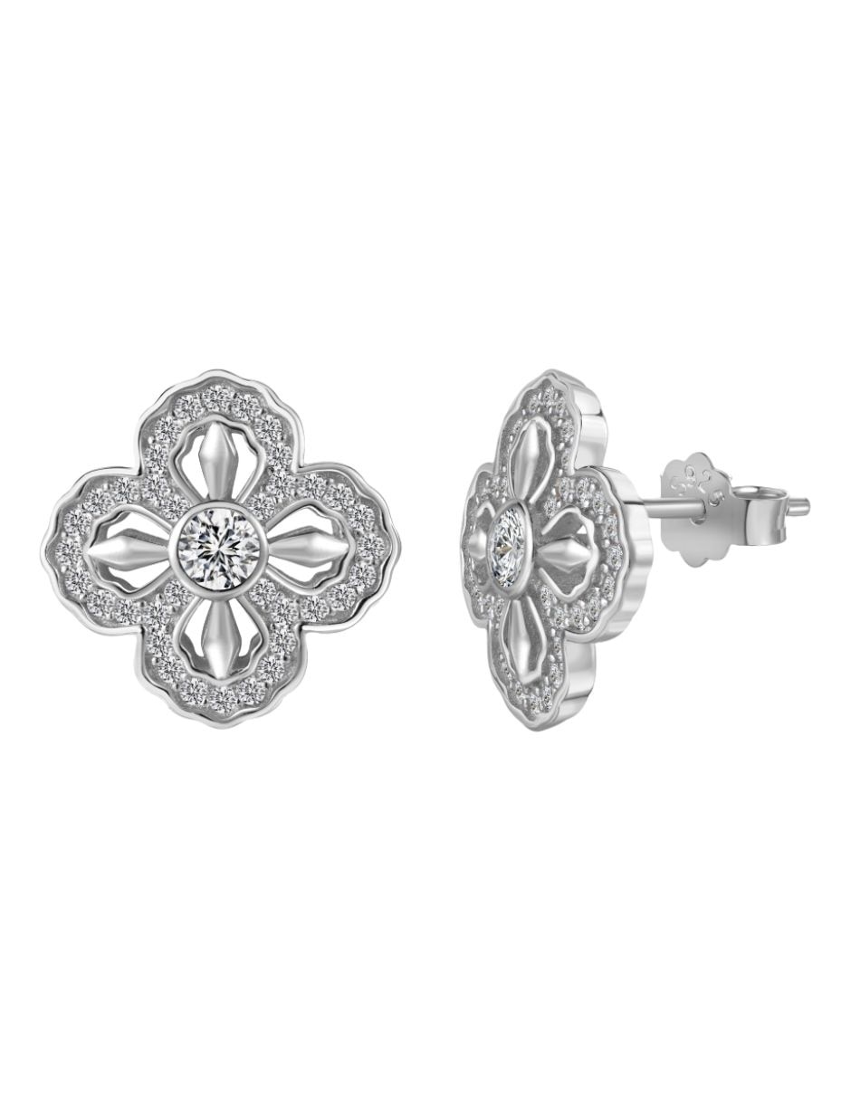 Aretes cortos de flor Yoiko Bloom de plata P925 con acabado baño rodio zirconia