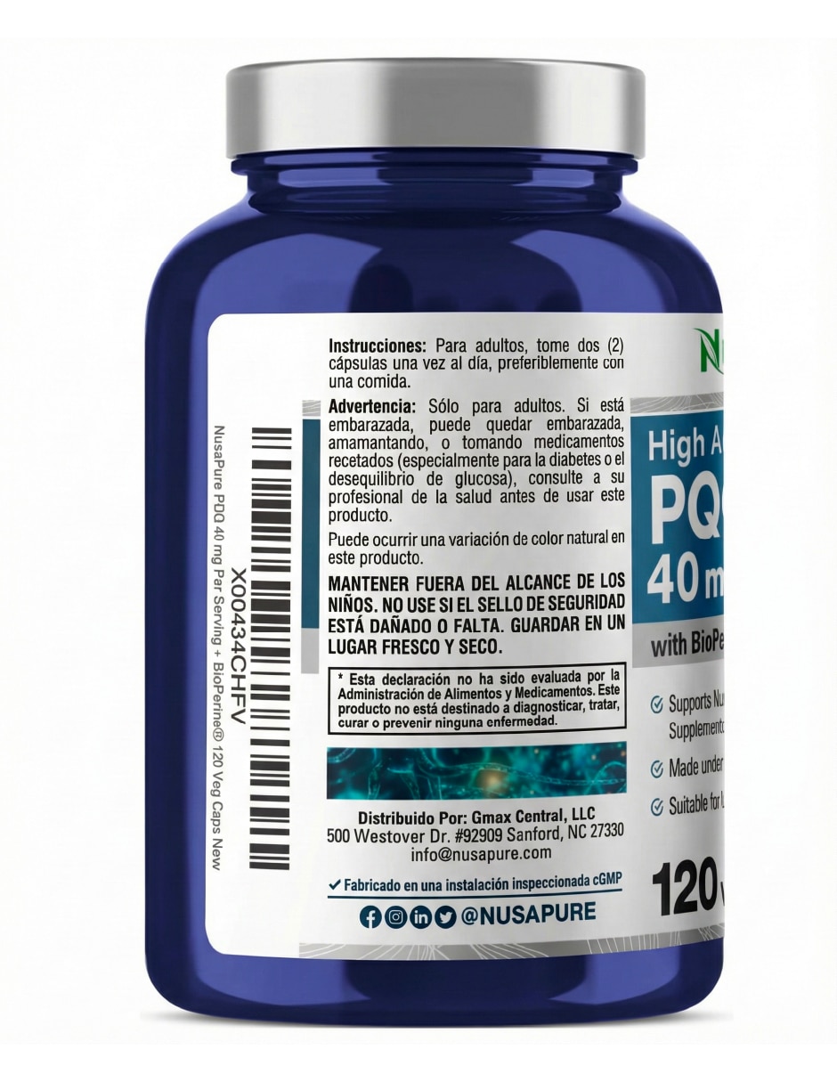 Pqq 40mg bioperina reduce estrés oxidativo + energía 120caps sin sabor nusa pure con urolitina a nad resveratrol coq10 y pqq  de