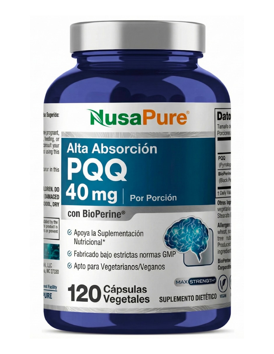 Pqq 40mg bioperina reduce estrés oxidativo + energía 120caps sin sabor con urolitina a nad resveratrol coq10 y pqq de