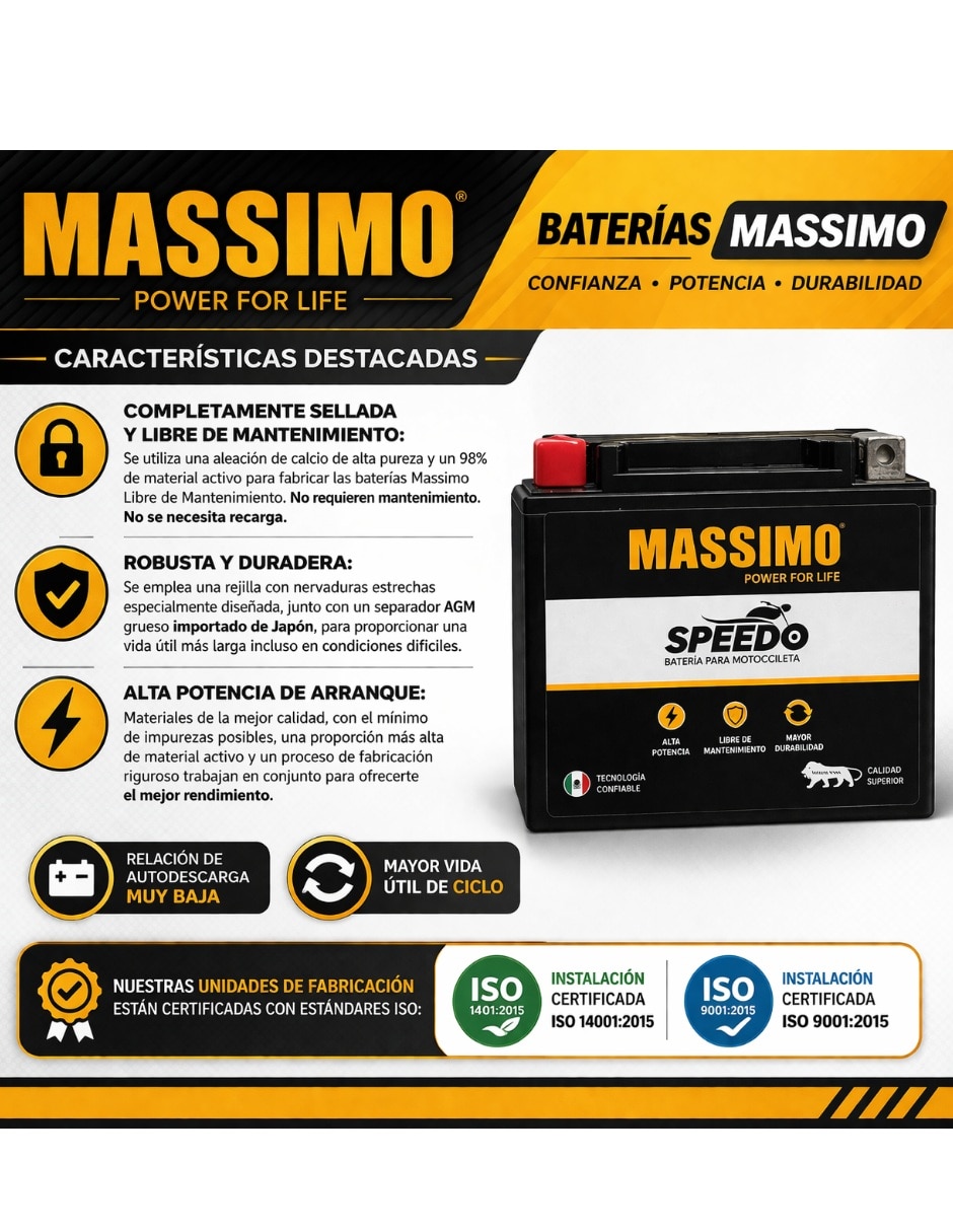 Moto batería Massimo YTX7A-BS 12V 6Ah Agm