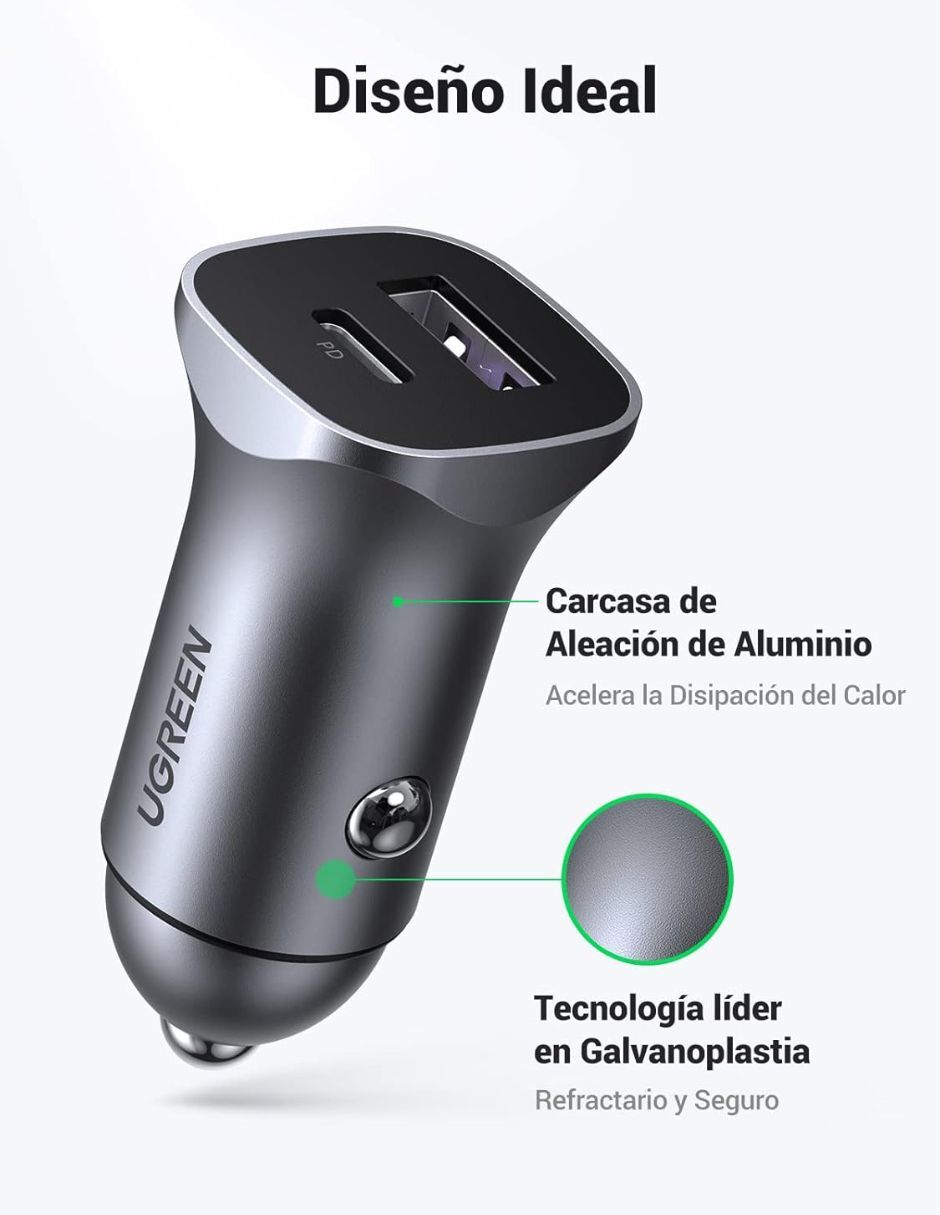 Cargador auto ABS 30W USB C carga rápida USB + USB tipo C 30 W