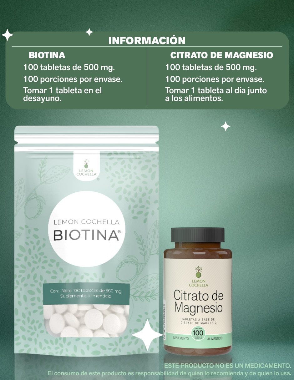 Set suplemento combo biotina citrato de magnesio Lemon Cochella