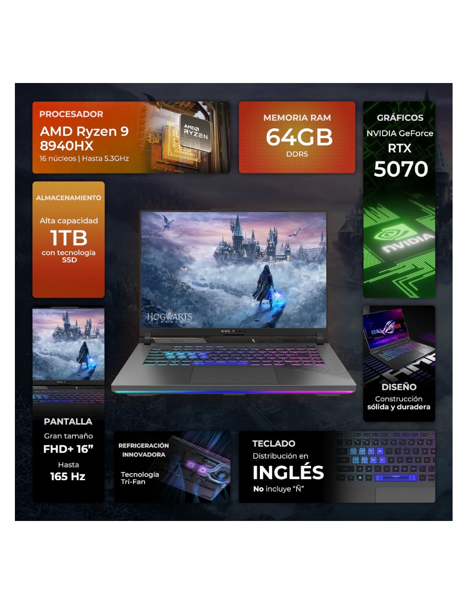 Laptop gamer ROG Strix G16 16 pulgadas Full HD+ AMD Ryzen 9 NVIDIA GeForce RTX 5070 64 GB RAM 1 TB SSD 2