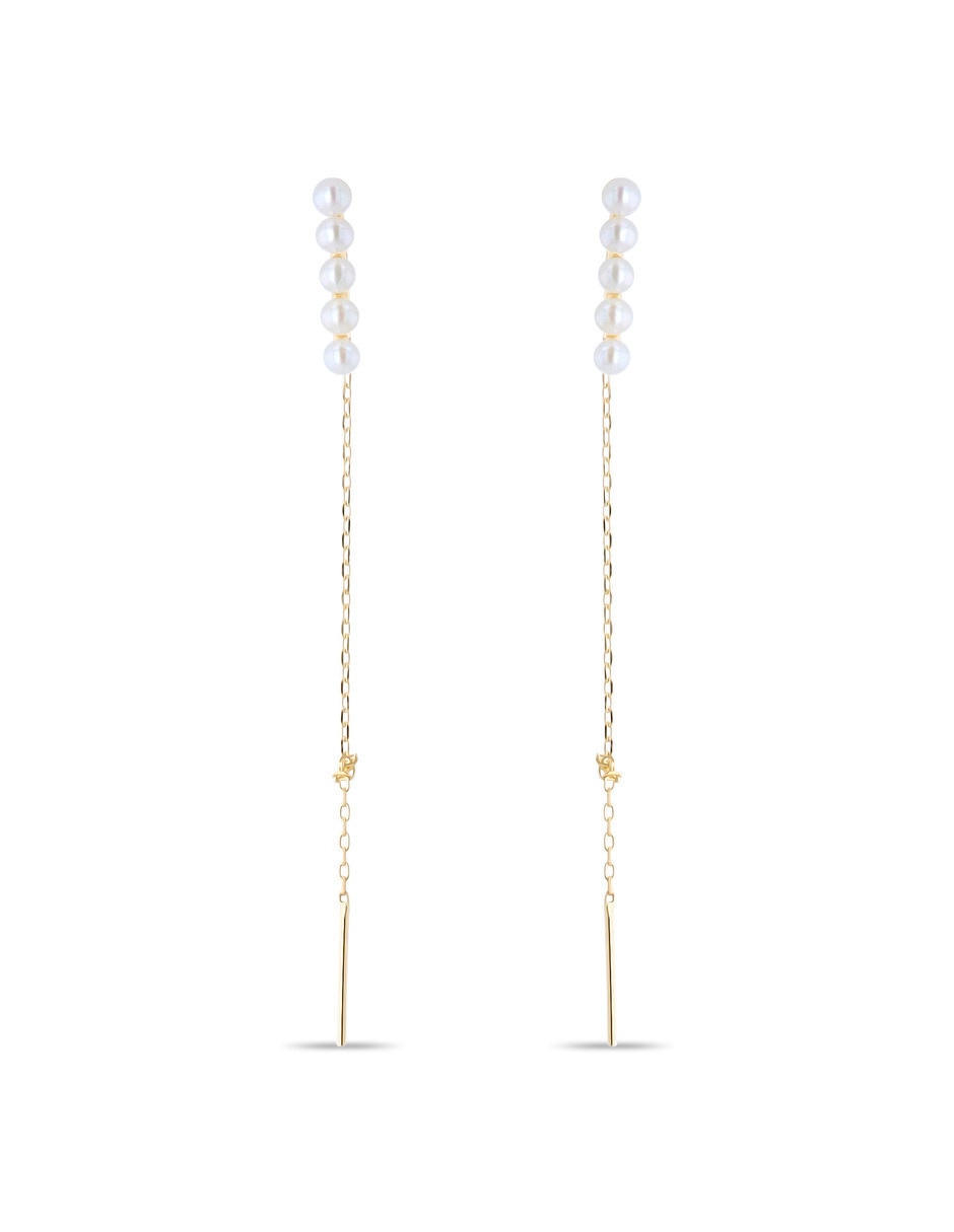 Aretes largos de perla de oro 10 K con acabado brillante Aretes largos de perla de oro 10 K con acabado brillante