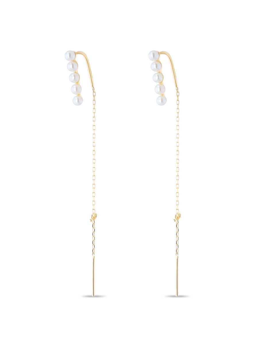 Aretes largos de perla de oro 10 K con acabado brillante 3
