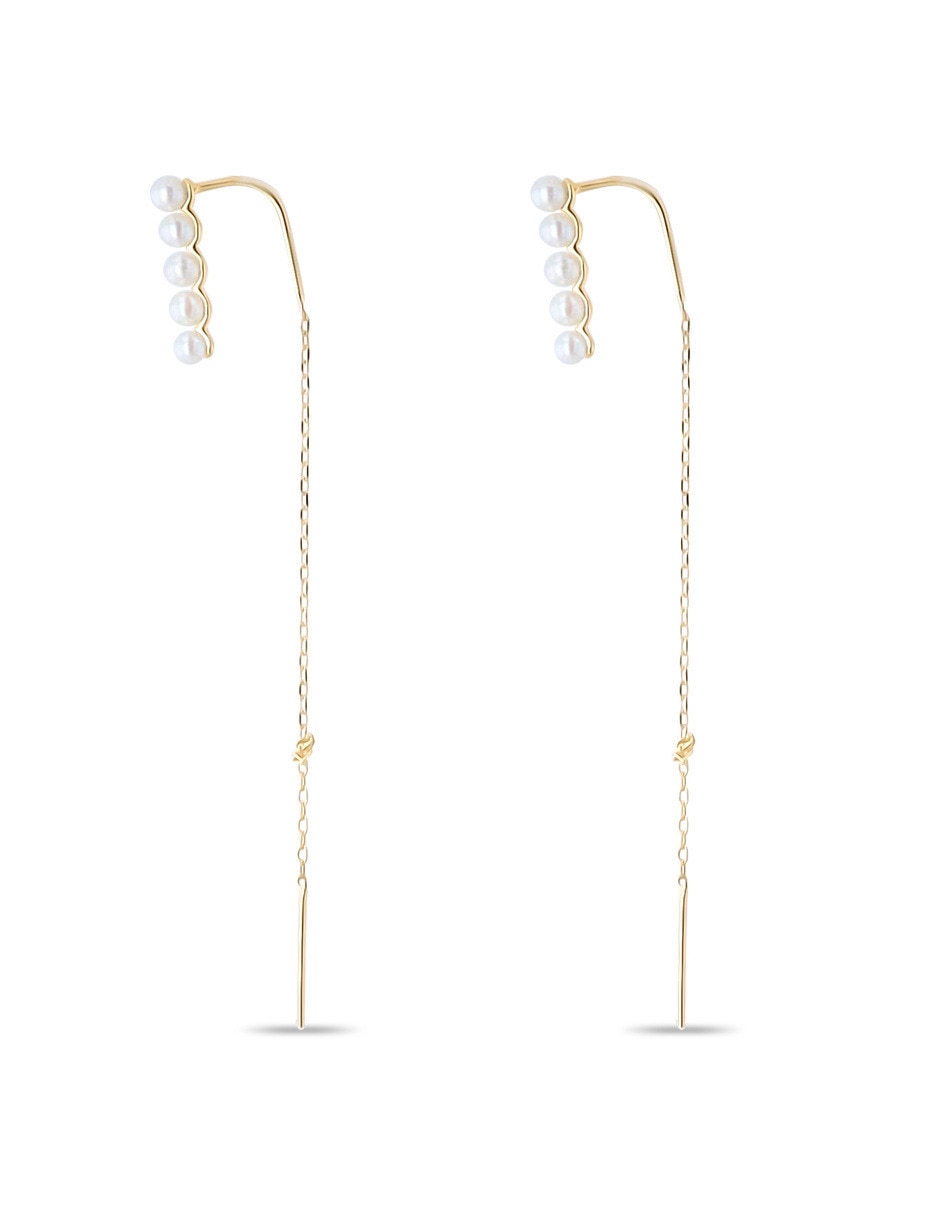 Aretes largos de perla de oro 10 K con acabado brillante 5