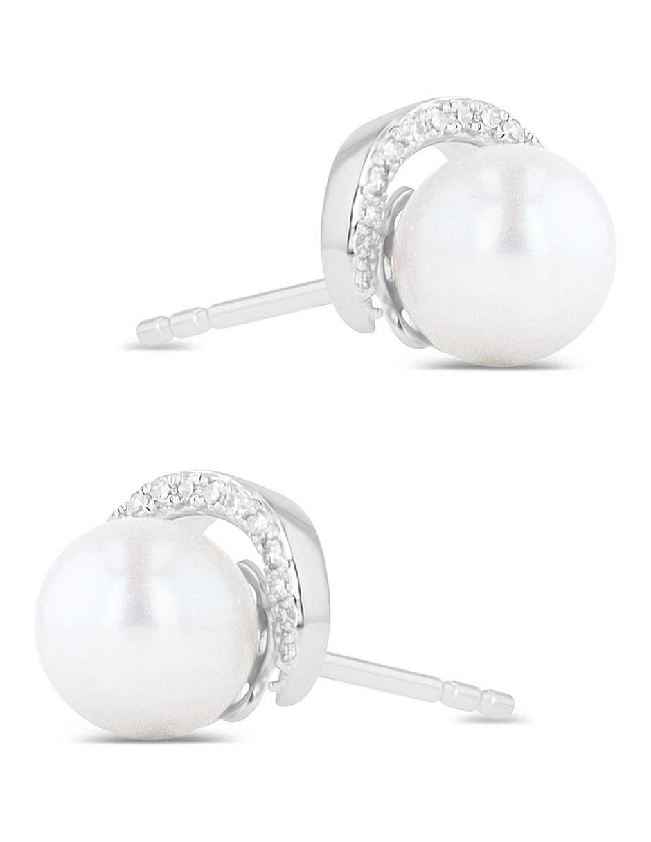 Aretes cortos de perla de oro rosa 14 K con acabado brillante diamante 5