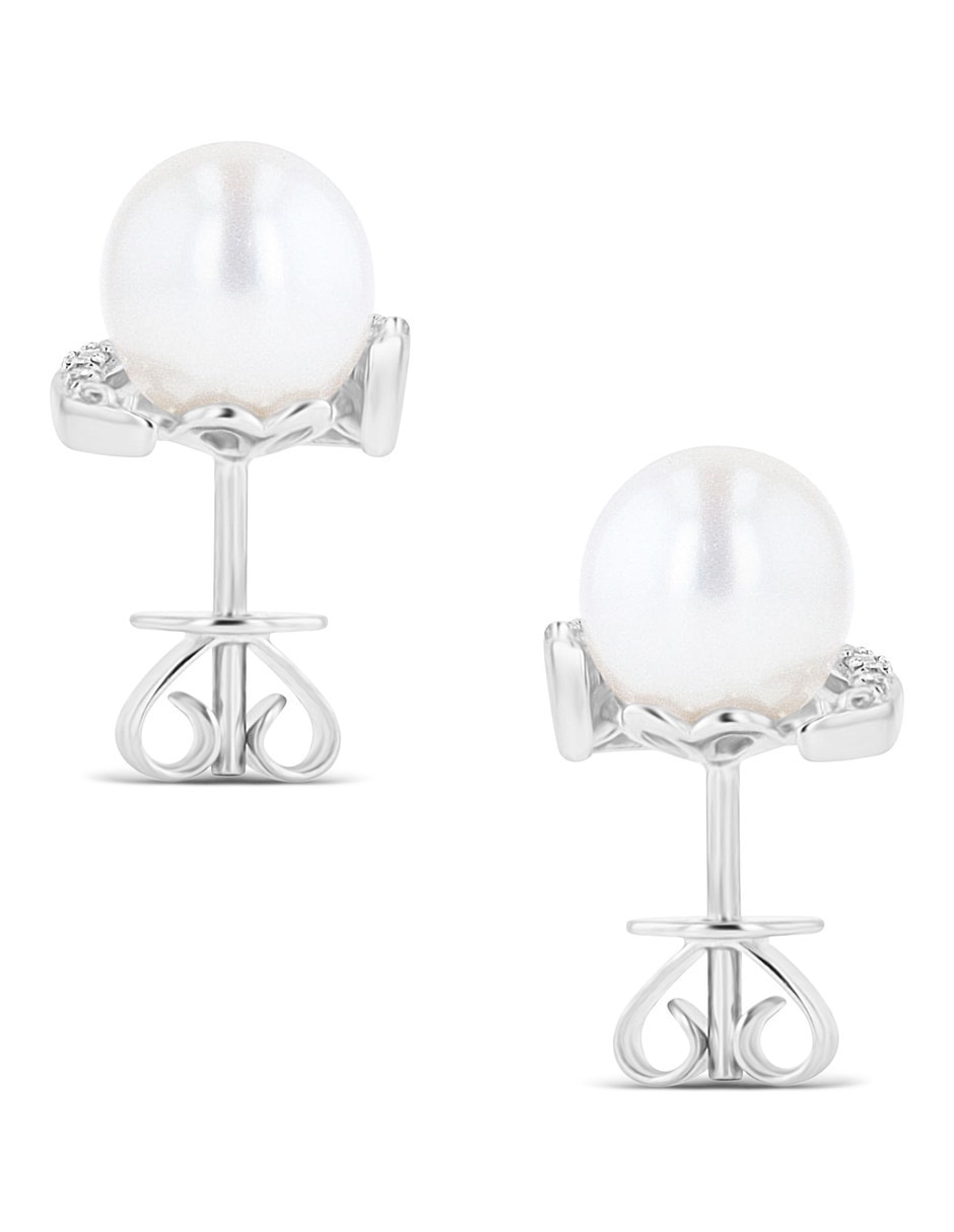 Aretes cortos de perla de oro rosa 14 K con acabado brillante diamante 4