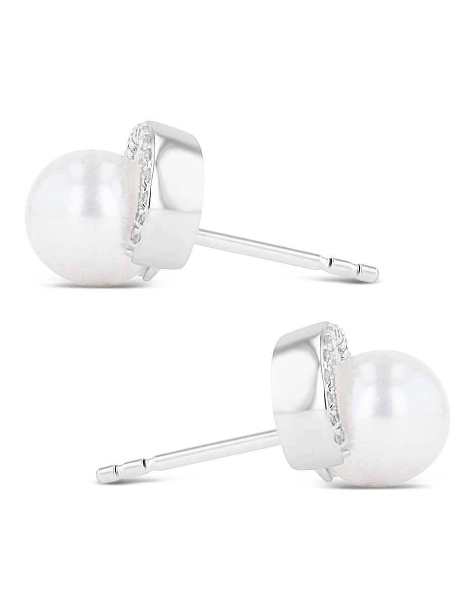 Aretes cortos de perla de oro rosa 14 K con acabado brillante diamante 2