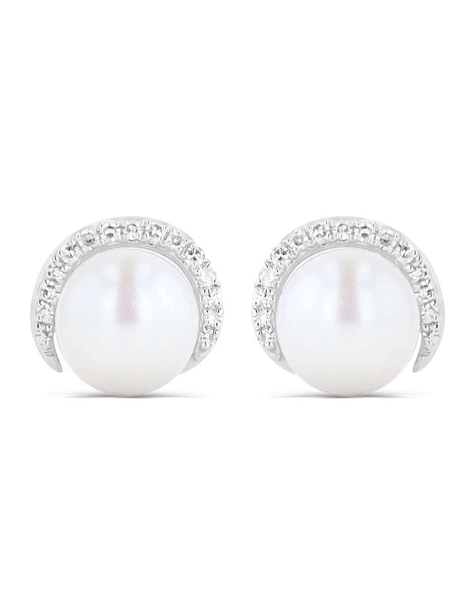 Aretes cortos de perla de oro rosa 14 K con acabado brillante diamante Aretes cortos de perla de oro rosa 14 K con acabado brillante diamante