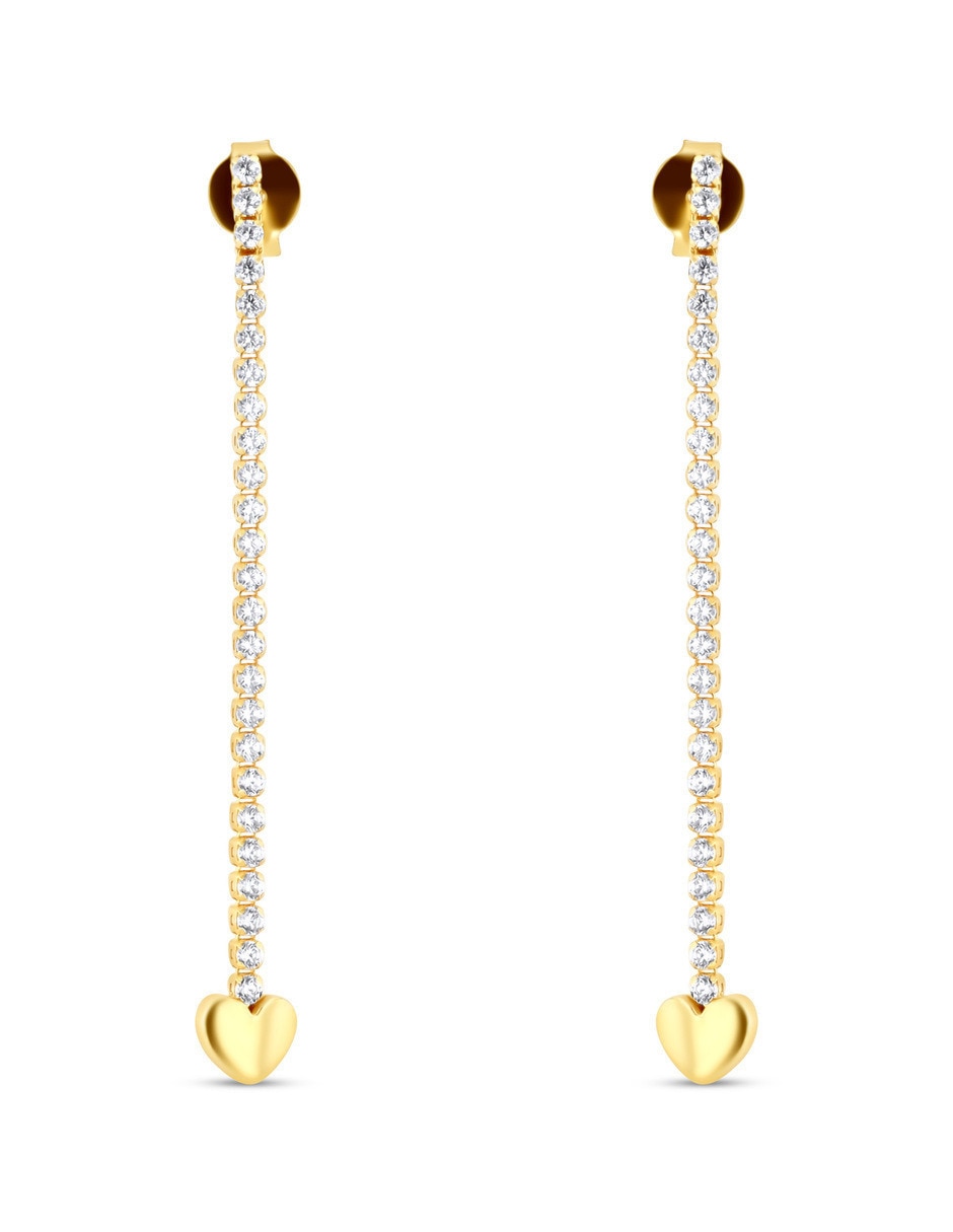 Aretes largos de Corazón de oro rosa 14 K con acabado brillante zirconia Aretes largos de Corazón de oro rosa 14 K con acabado brillante zirconia
