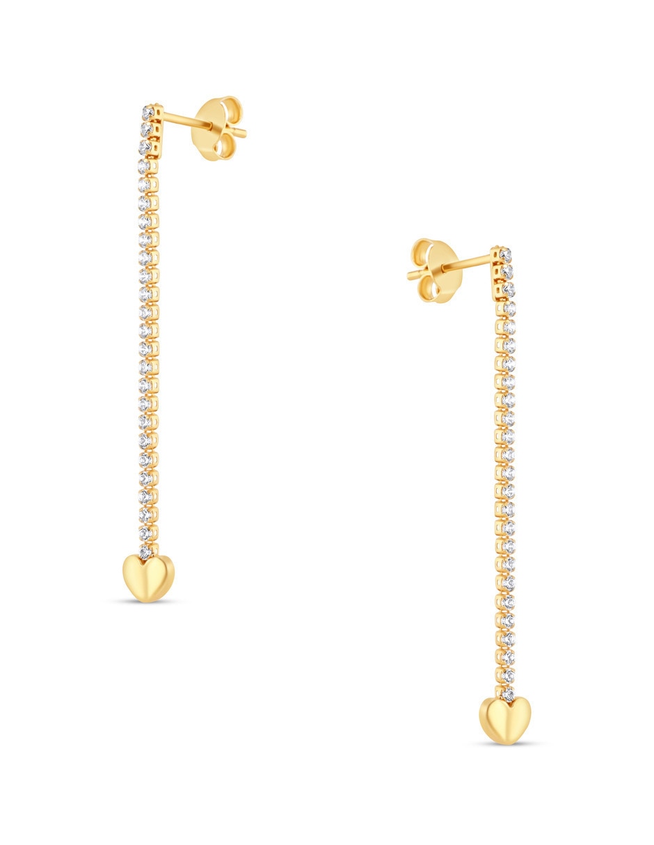 Aretes largos de Corazón de oro rosa 14 K con acabado brillante zirconia 3